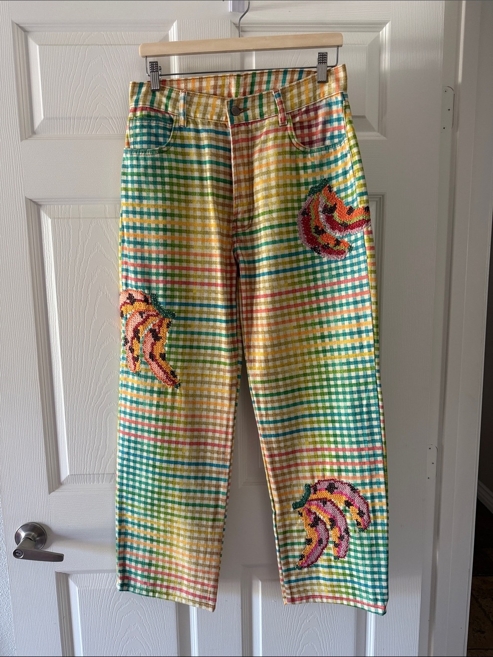 FARM Rio | Embroidered Banana Gingham Jeans Denim | BR 42 / US 10 / 29 | NWT